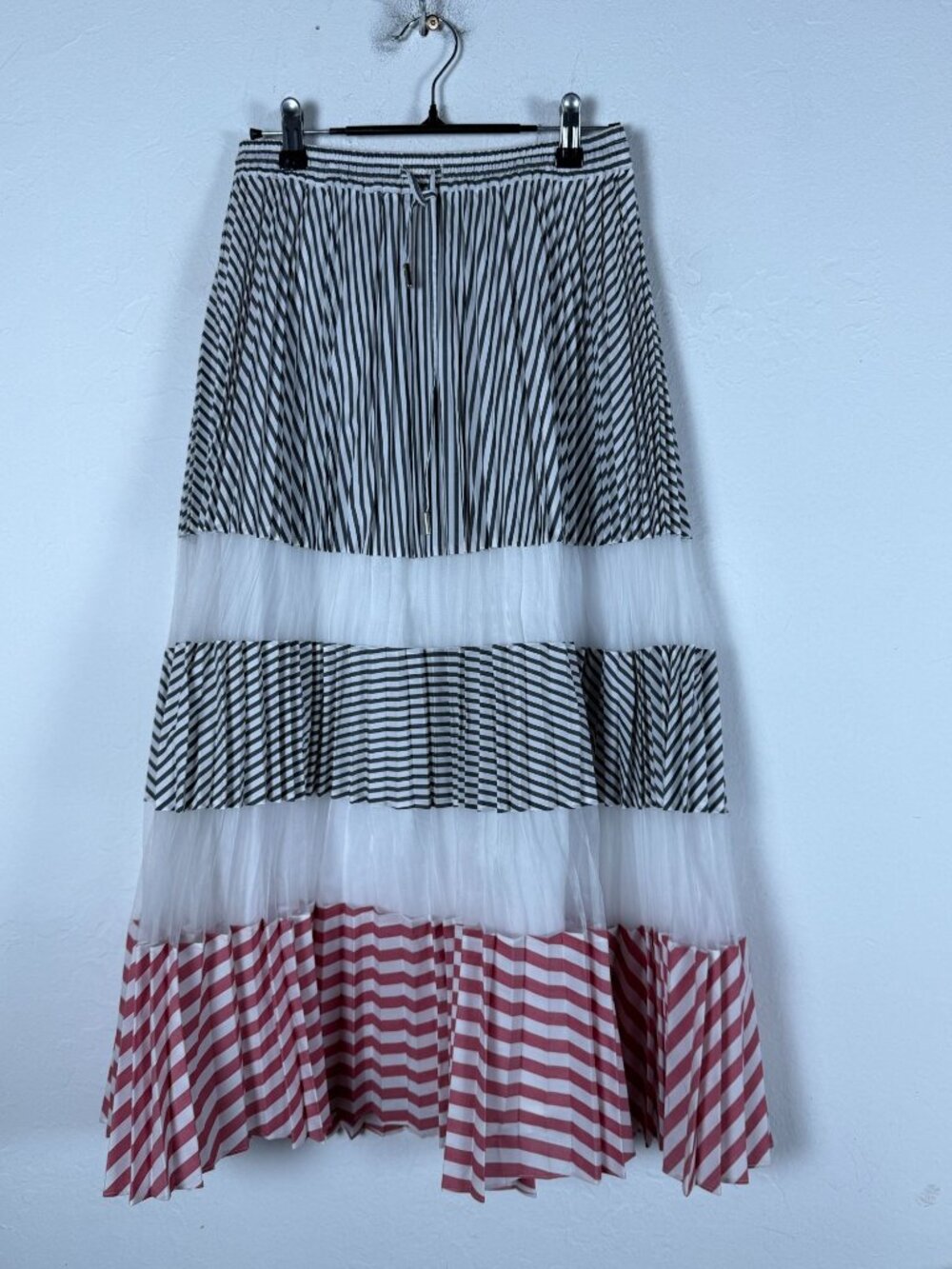 Club Monaco Womens Striped Tiered Pleated A-Line Midi Skirt Small Black White